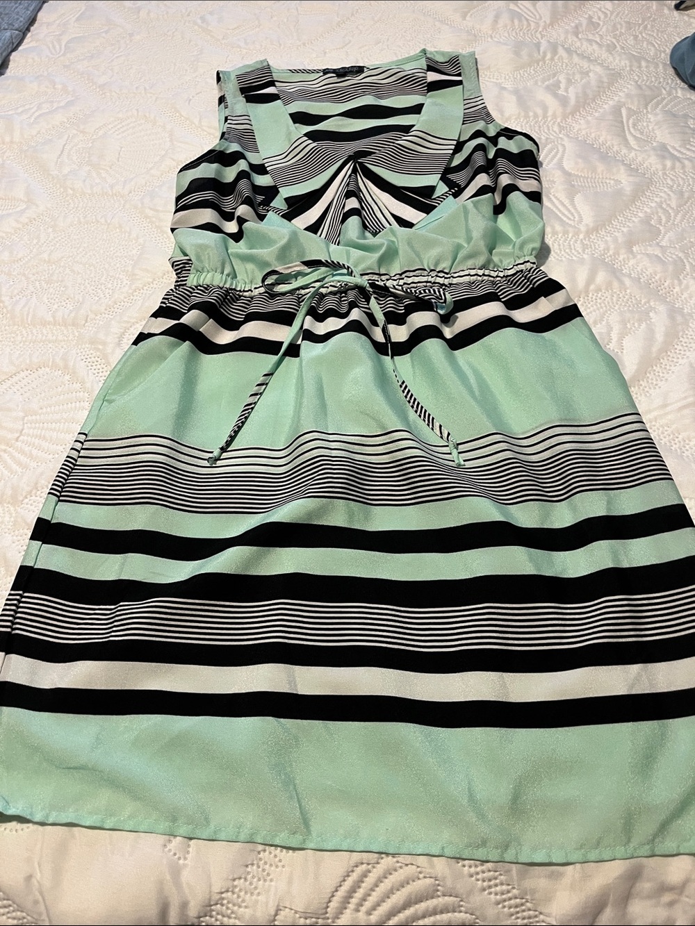 BeBop Mint, Black & White Striped Sleeveless Drawstring Dress